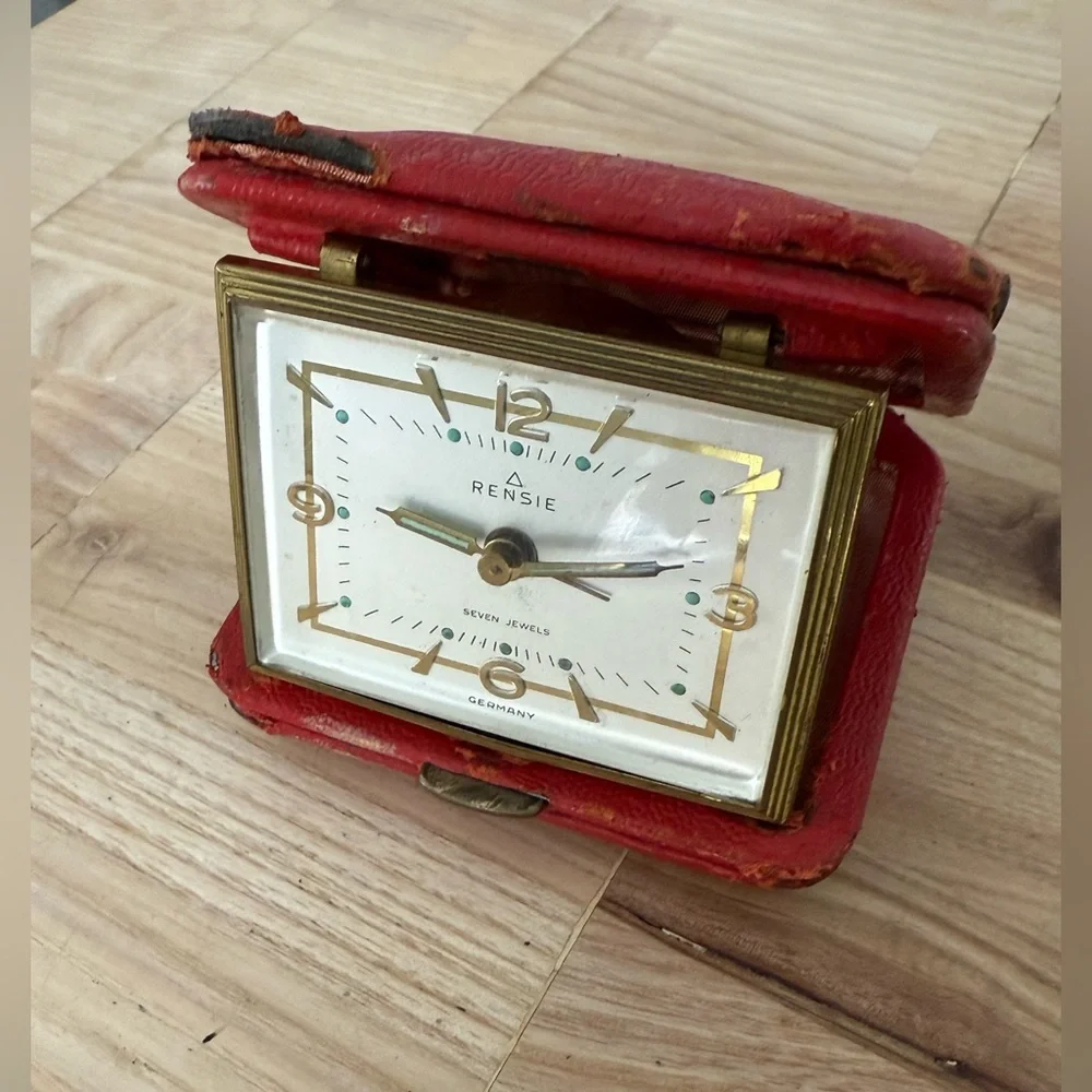 Rensie Travel Alarm Clark Rare Vintage Seven Jewels White Dial Red Leather Case